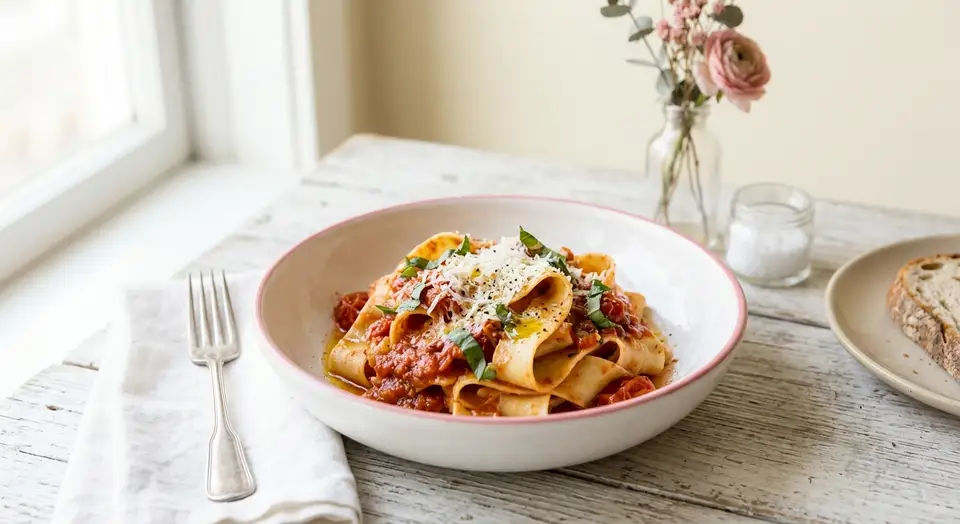 Freshly made homemade pasta noodles on a wooden board