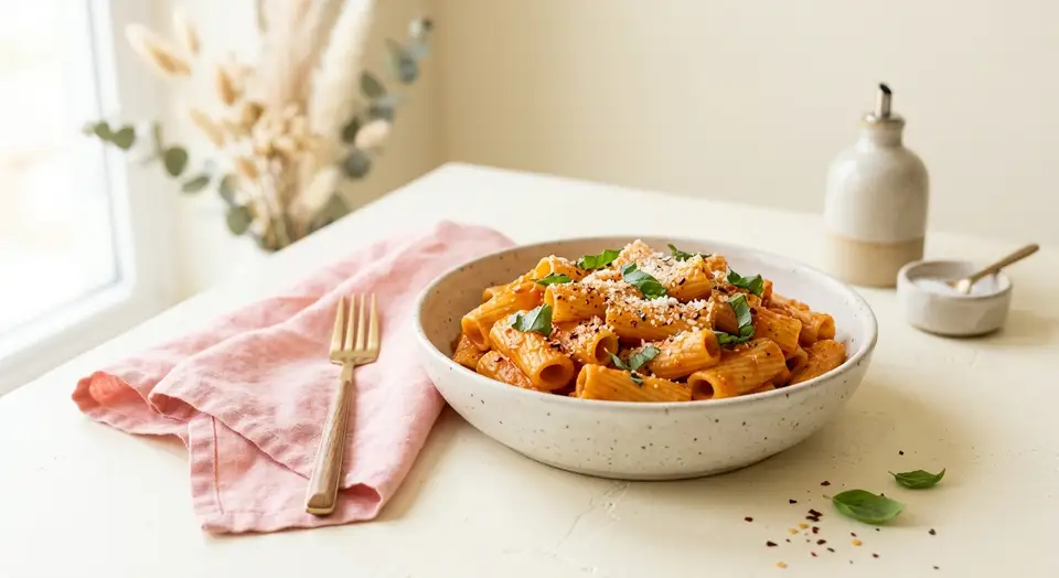 Creamy Pesto Penne with basil leaves